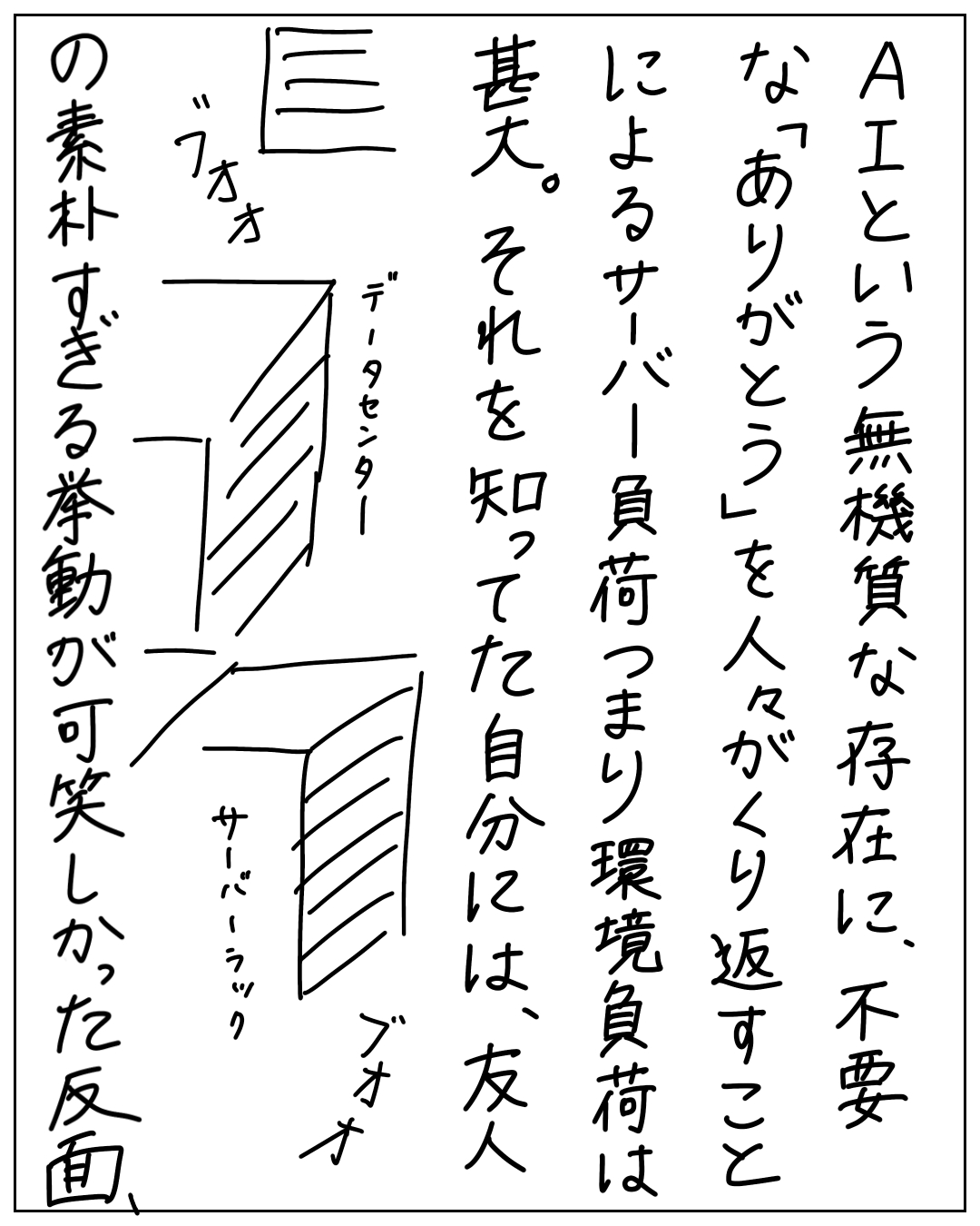 AIという無機質な存在に不要な「ありがとう」を人々がくり返すことによるサーバー負荷つまり環境負荷は甚大。それを知って自分には友人の素朴すぎる挙動が可笑しかった反面、と語るナレーション。背景にデータセンターとサーバーラックの図。