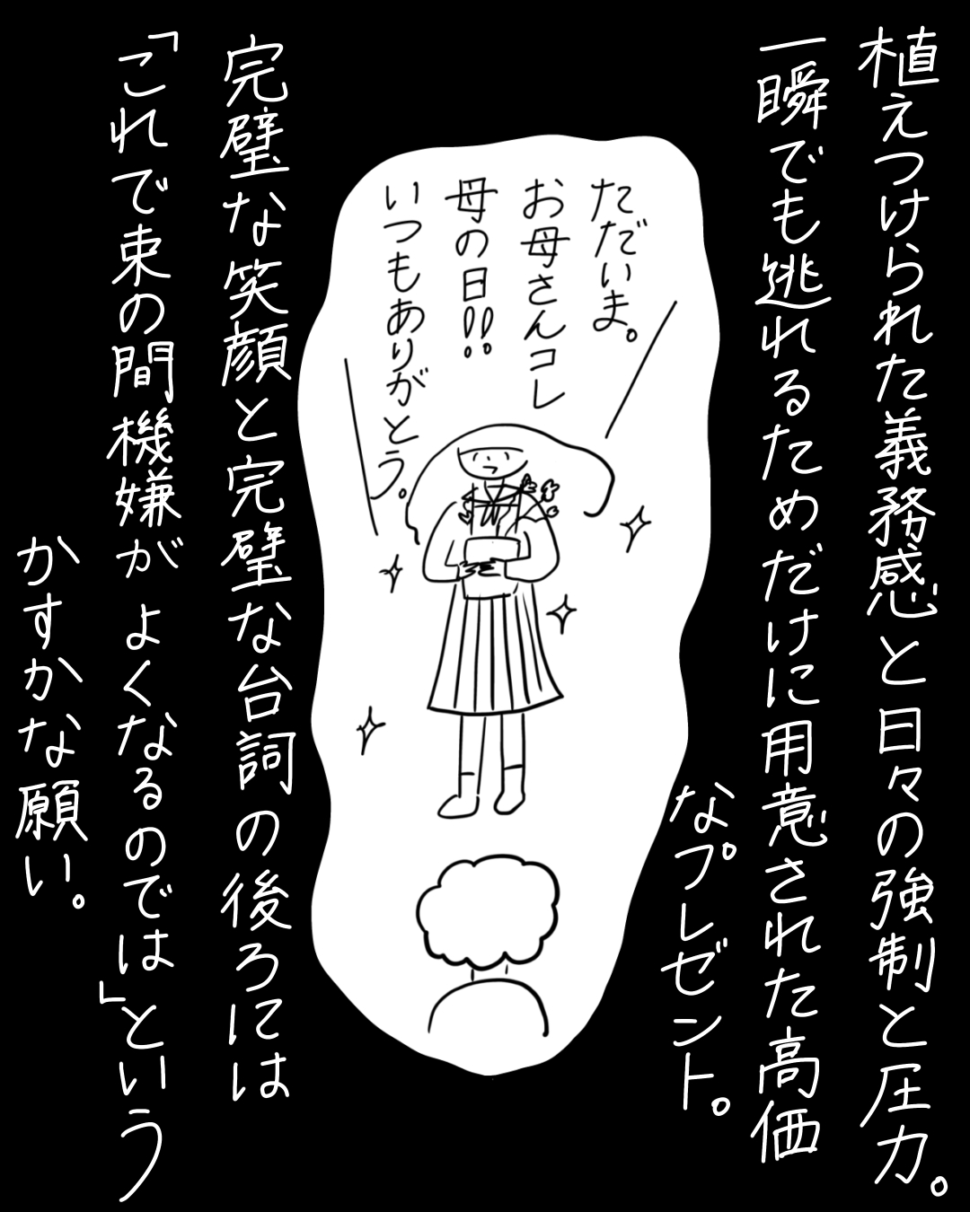植えつけられた義務感と日々の強制と圧力。一瞬でも逃れるためだけに用意された高価なプレゼント。完璧な笑顔と完璧な台詞「ただいま。お母さんコレ母の日!!いつもありがとう。」の後ろには束の間機嫌がよくなるのではというかすかな願い。