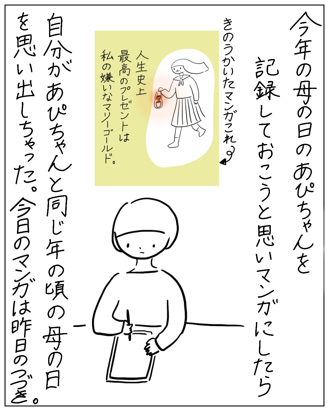 今年の母の日のあぴちゃんを記録しておこうと思いマンガにしたら、自分があぴちゃんと同じ年頃の母の日を思い出した。きのう描いたマンガには「人生史上最高のプレゼントは私の嫌いなマリーゴールド」と書かれている。今日のマンガは昨日のつづき。