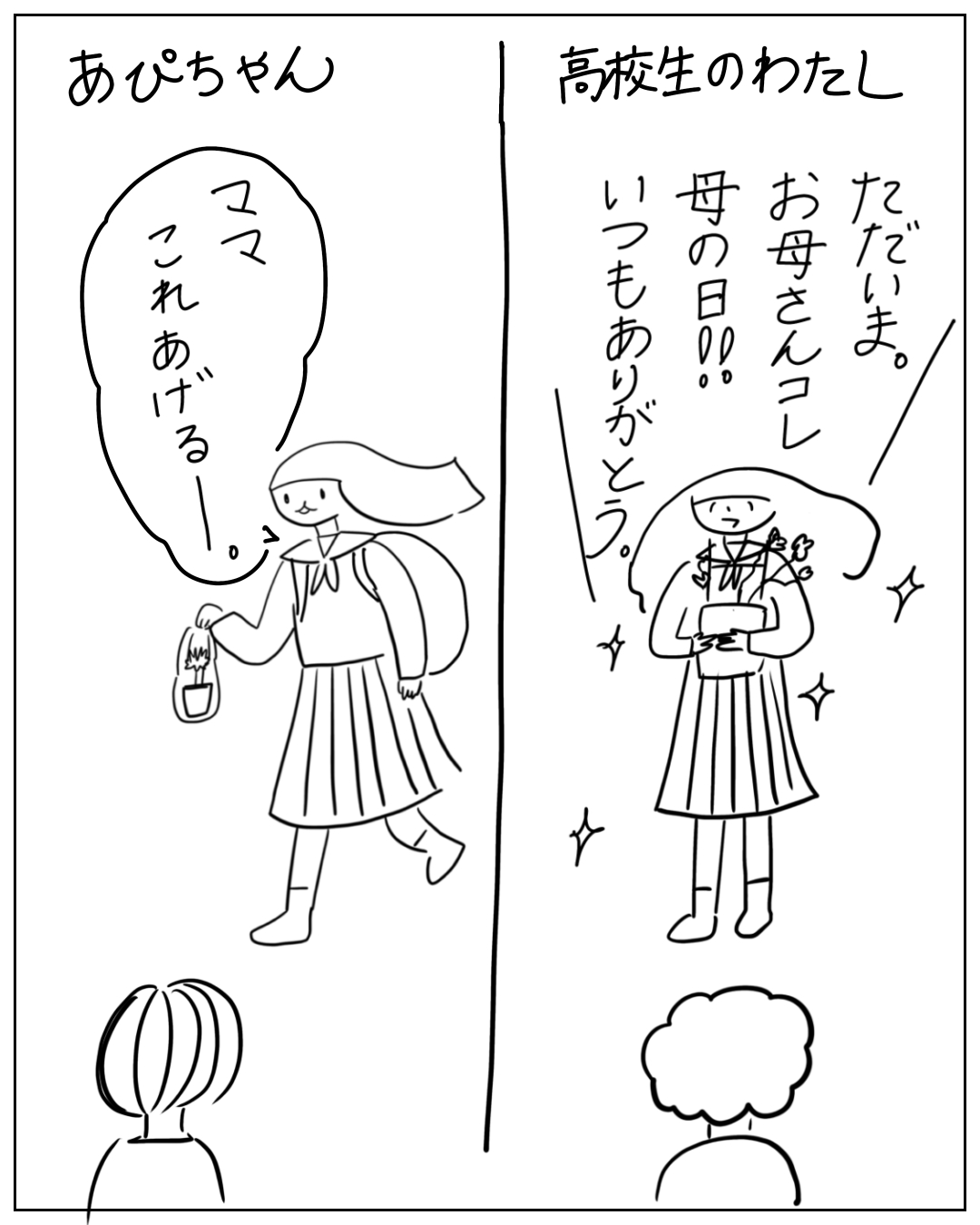 2コマ漫画。左「あぴちゃん」：セーラー服の女の子が小さな鉢植えを持ち「ママ これあげる」と言う。右「高校生のわたし」：同じくセーラー服の女の子が花束を持ち輝きながら「ただいま。お母さんコレ母の日!!いつもありがとう。」と言う。