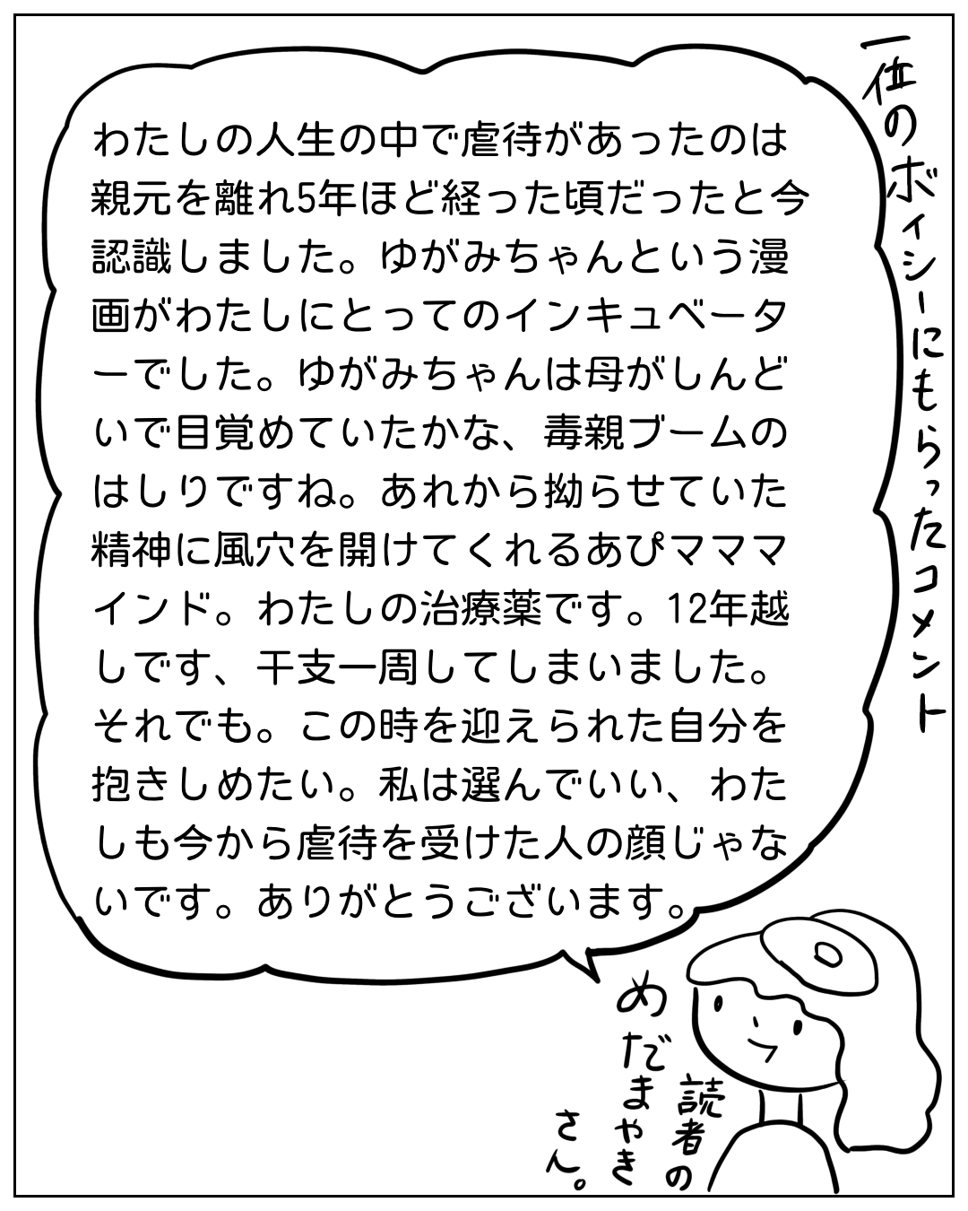 帽子をかぶった読者からの感想コメントのコマ。吹き出し内「わたしの人生の中で虐待があったのは親元を離れ5年ほど経った頃だったと今認識しました。ゆがみちゃんという漫画がわたしにとってのインキュベーターでした。ゆがみちゃんは母がしんどいで目覚めていたかな、毒親ブームのはしりですね。あれから拗らせていた精神に風穴を開けてくれるあぴマママインド。わたしの治療薬です。12年越しです、干支一周してしまいました。それでも。この時を迎えられた自分を抱きしめたい。私は選んでいい、わたしも今から虐待を受けた人の顔じゃないです。ありがとうございます。」読者のめだまやきさん。仕のボイシーにもらったコメント