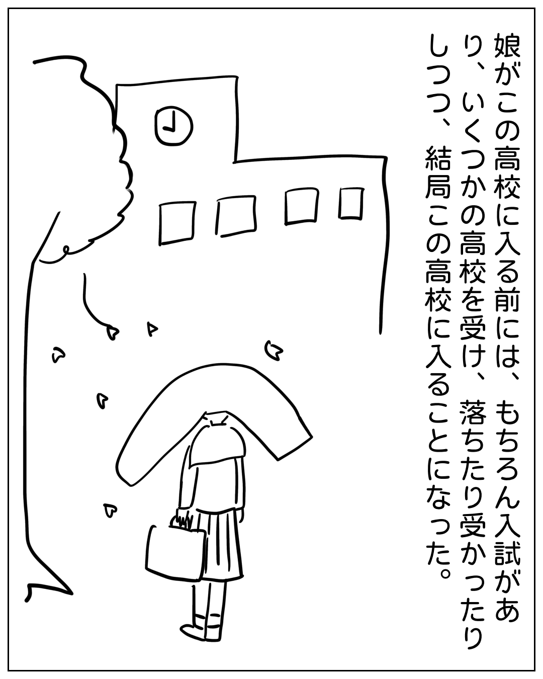高校の前に立つあぴちゃんを描いた場面。ナレーション「娘がこの高校に入る前には、もちろん入試があり、いくつかの高校を受け、落ちたり受かったりしつつ、結局この高校に入ることになった。
