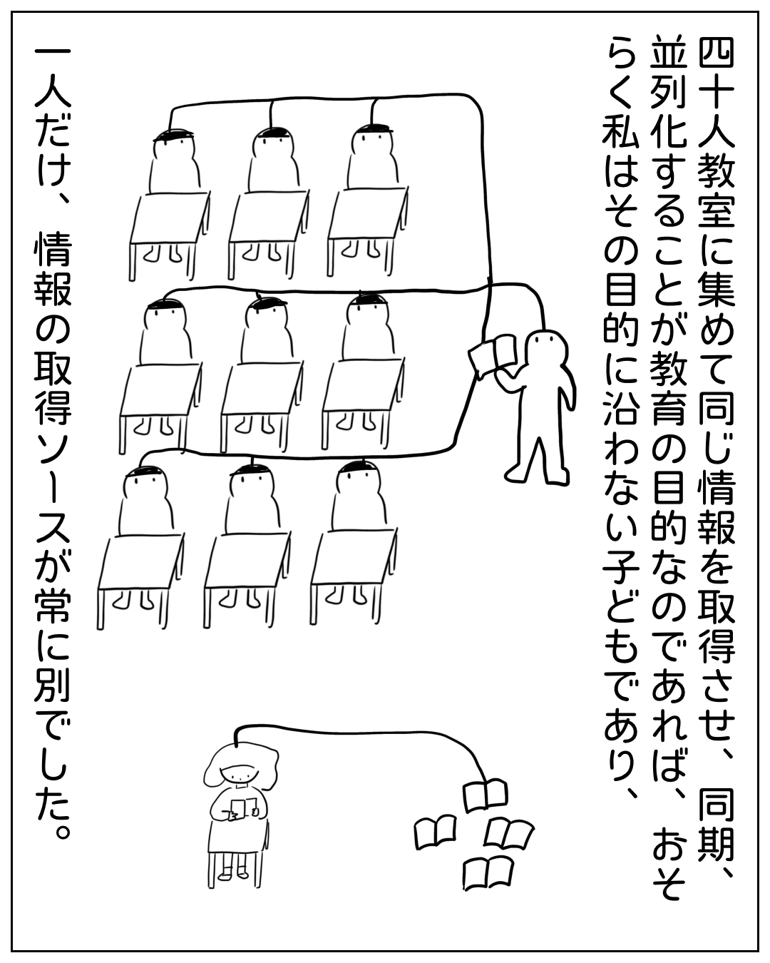 教室に並ぶ生徒たちと、下段に一人だけ別の本を読むあぴちゃんが描かれた場面。「四十人教室に集めて同じ情報を取得させ、同期、並列化することが教育の目的なのであれば、おそらく私はその目的に沿わない子どもでもあり、一人だけ、情報の取得ソースが常に別でした。