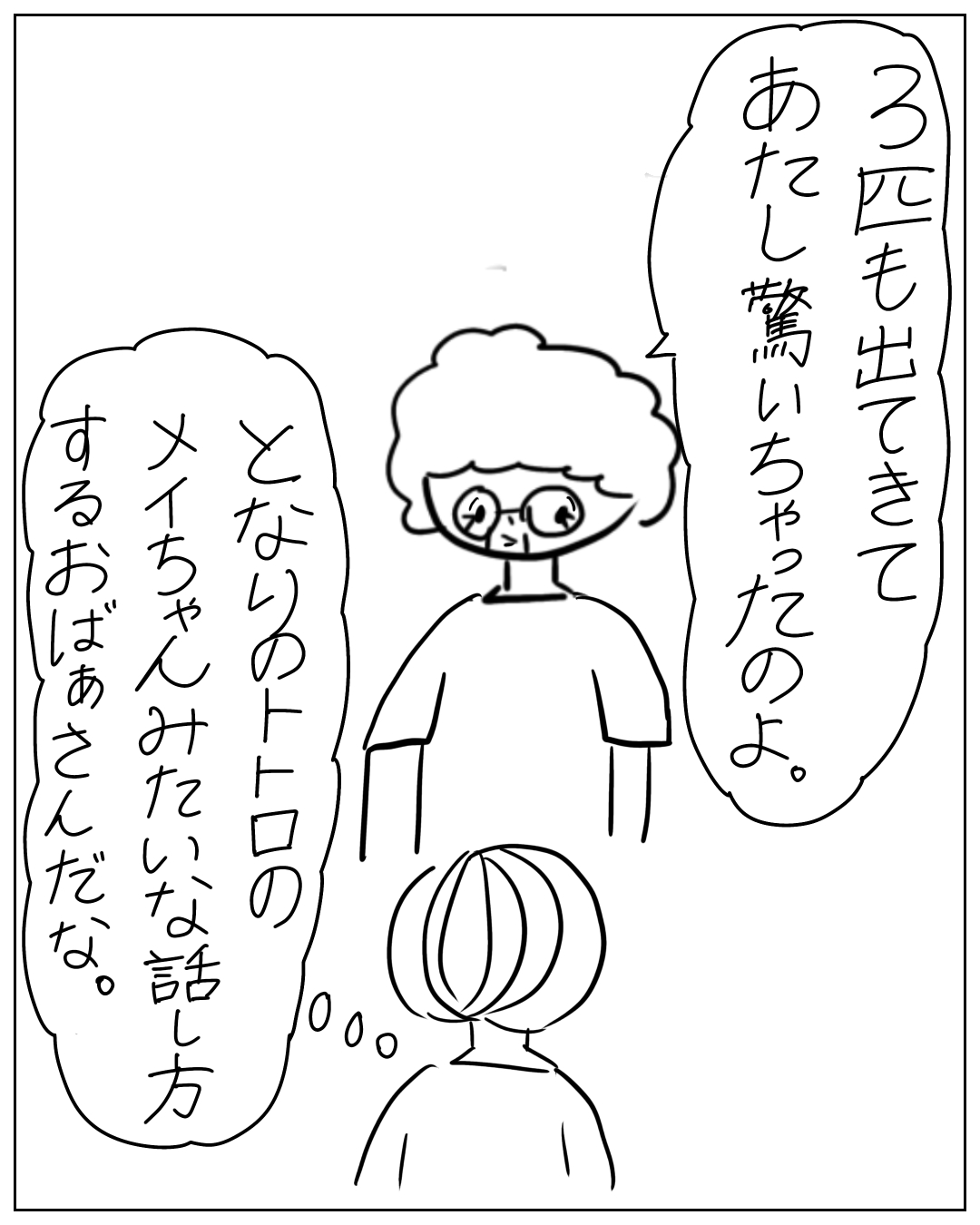 眼鏡をかけた人物とあぴママが向き合う場面。眼鏡の人物のセリフ「3匹も出てきてあたし驚いちゃったのよ。」あぴママのセリフ「となりのトトロのメイちゃんみたいな話し方するおばあさんだな。」