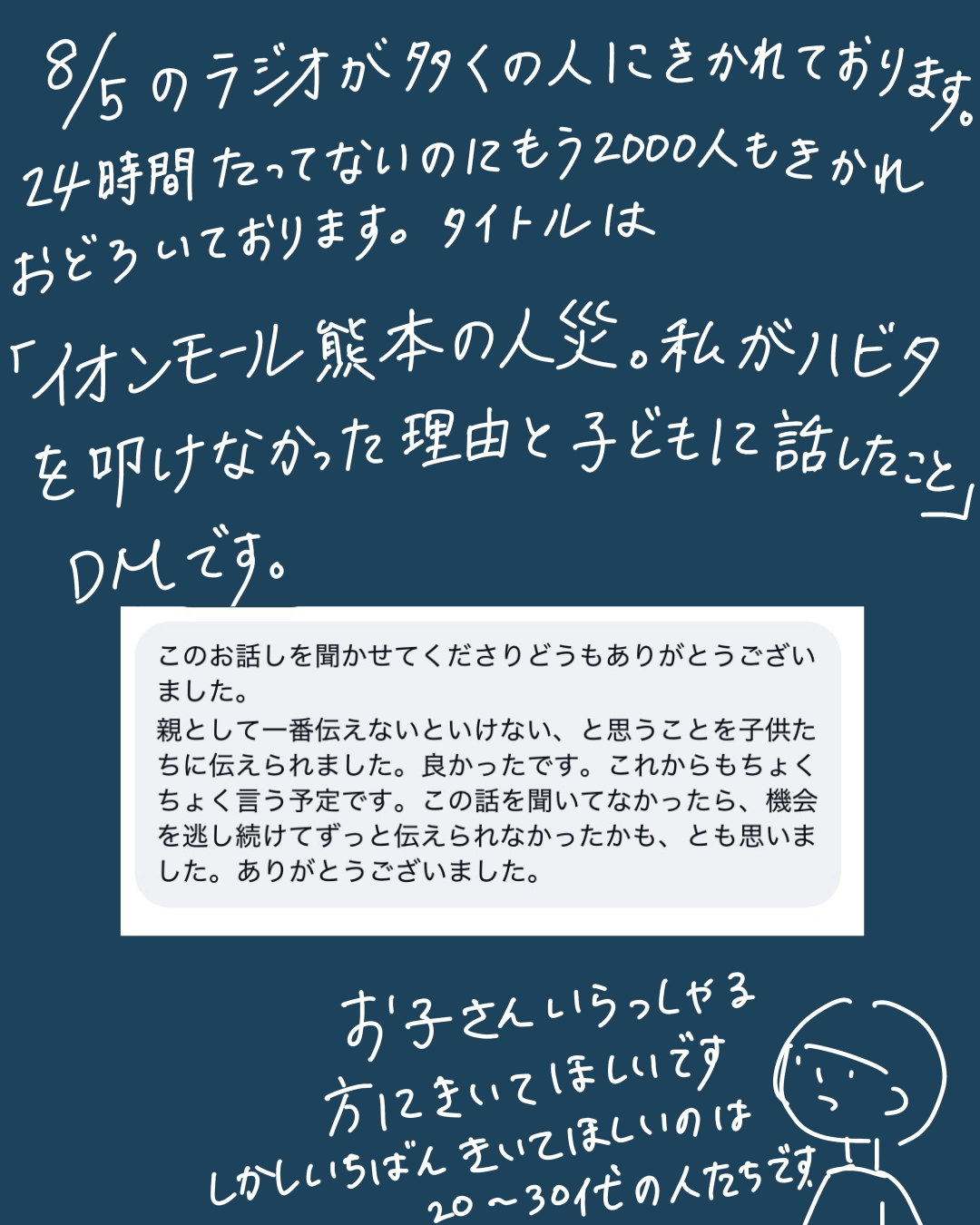 あぴママがラジオへの反響とDMを紹介する場面。「8/5のラジオが多くの人にきかれております。24時間たってないのにもう2000人もきかれおどろいております。タイトルは『イオンモール熊本の人災。私がハビタを叩けなかった理由と子どもに話したこと』DMです。このお話しを聞かせてくださりどうもありがとうございました。親として一番伝えないといけない、と思うことを子供たちに伝えられました。良かったです。これからもちょくちょく言う予定です。この話を聞いてなかったら、機会を逃し続けてずっと伝えられなかったかも、とも思いました。ありがとうございました。お子さんいらっしゃる方にきいてほしいですしかしいちばんきいてほしいのは20〜30代の人たちです」